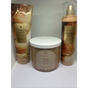 Bath & Body Works Vanilla Café + Paris Café Bundle Body Cream Mist Candle Set